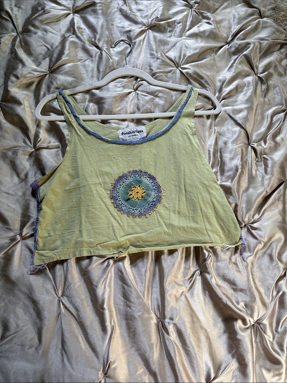 100% cotton Make in Hawaii handmade Lime Green Crochet-Accent Cropped Tank